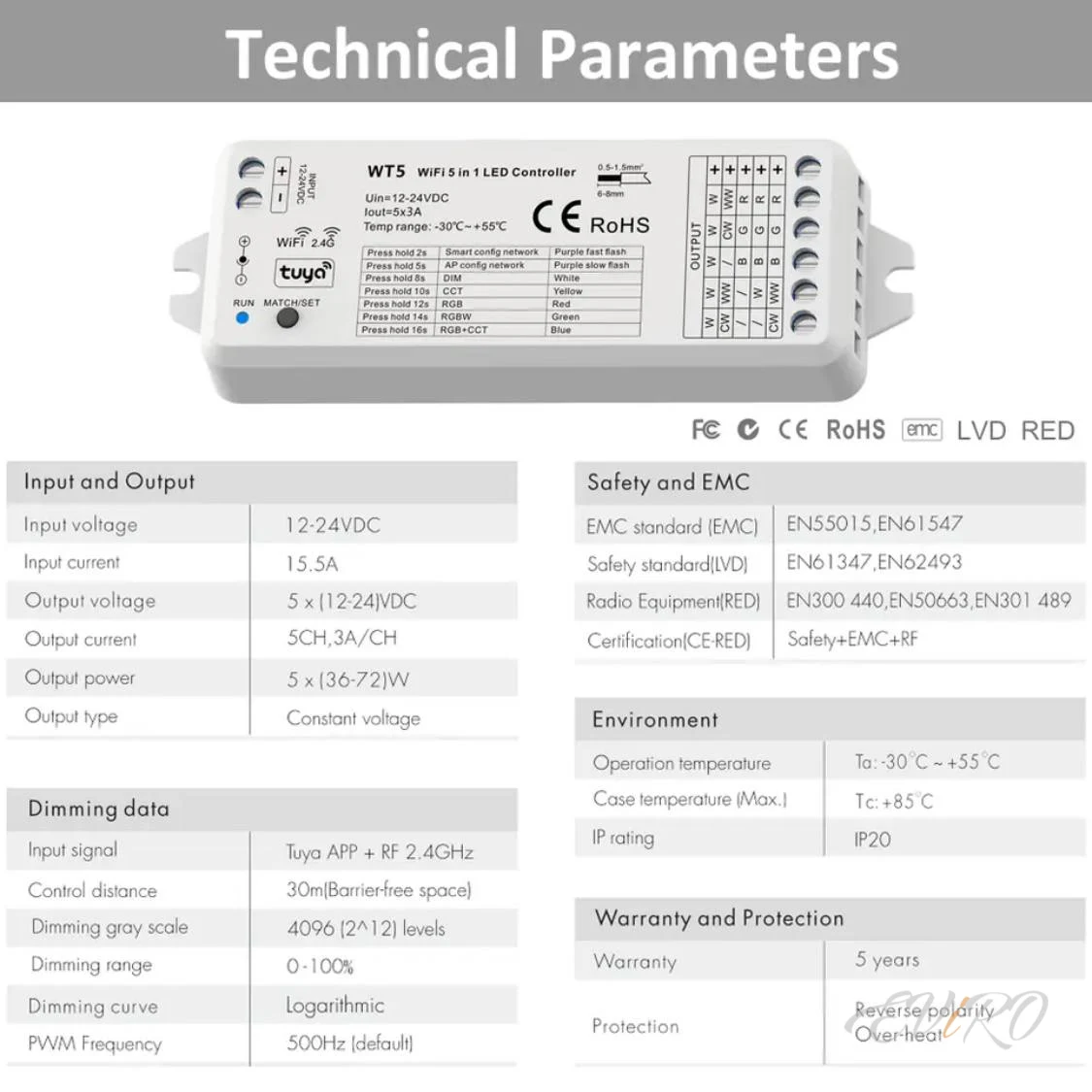 Контроллер WI-Fi+RF 2.4G 5in1 управление приложением, 150-300W, 12-24V, 15А  (до 25 м.п. Led ленты 24V, 10W)