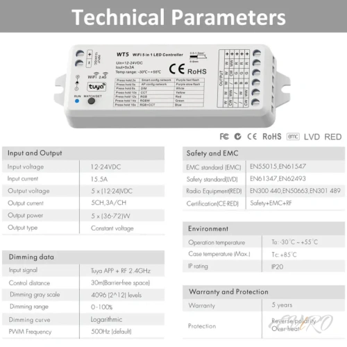 Контроллер WI-Fi+RF 2.4G 5in1 управление приложением, 150-300W, 12-24V, 15А  (до 25 м.п. Led ленты 24V, 10W)