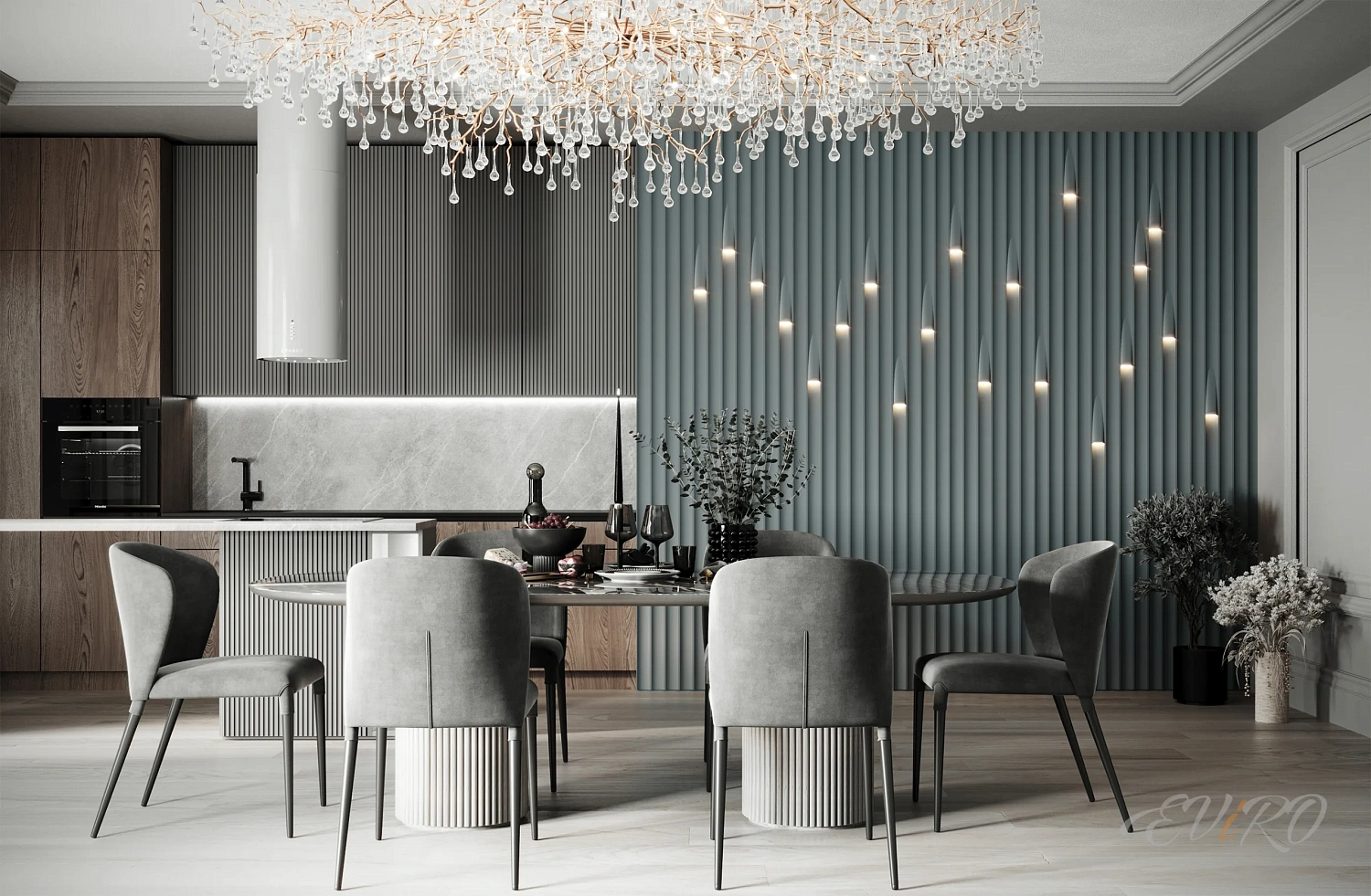 Вариант 7. Дизайнерские 3D панели рейки с подсветкой гостиной